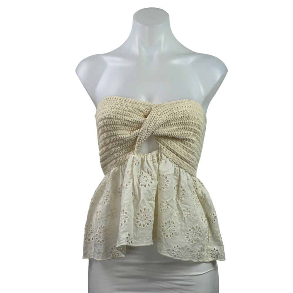 Zara Cream Crochet Knit Eyelet Embroidered Twist Front Strapless Tube Tank Top S